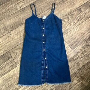 Denim Dress Button Front Spaghetti Strap Frayed Hem Cotton Blend Casual‎